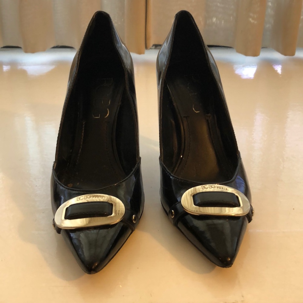 BCBG Paris black patent buckle heels